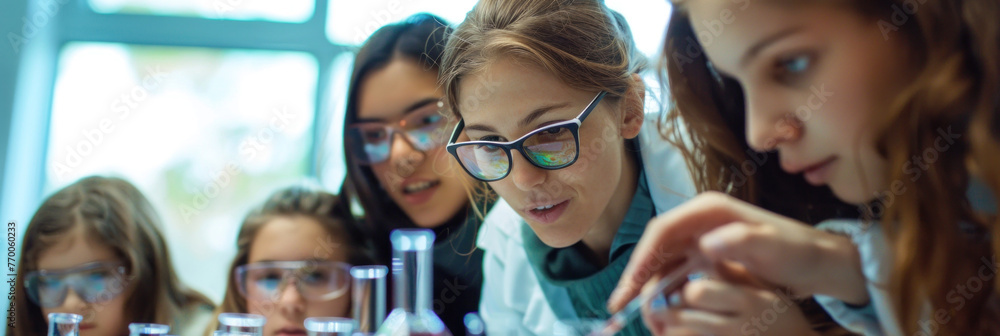 Poster a group of students, actively participating in a hands-on lab exercise, work closely together to con
