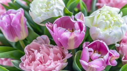  A group of pink and white tulips surrounded by green foliage