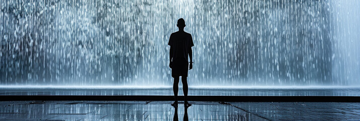 A person in casual attire standing in front of a large stone fountain in a public square, looking at the water streams - obrazy, fototapety, plakaty