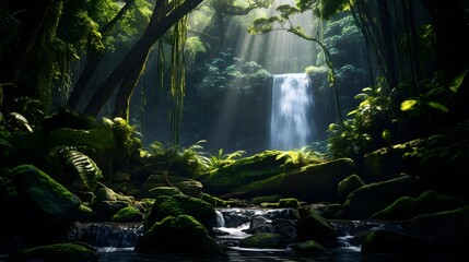 Panoramic view of a waterfall in a green forest with sunlight.