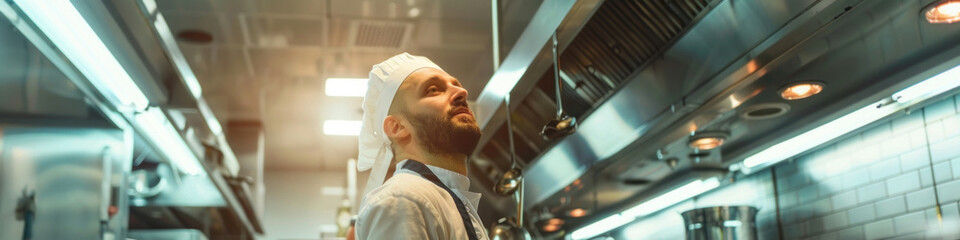 A focused chef in professional attire working attentively inside a well-equipped commercial kitchen - obrazy, fototapety, plakaty