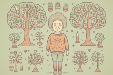 The concept of Alzheimer's disease patients with cartoon characters standing with puzzles flowing around the illustrations shows a mature woman with Alzheimer's disease and memory loss. - obrazy, fototapety, plakaty