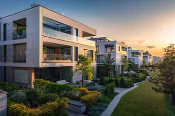 Serene morning view of modern European apartment complex, sleek architecture, manicured gardens, soft sunrise glow.