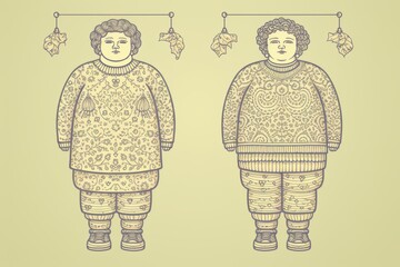 A fat obese woman standing on a scale with weight problems feeling stressed is an overweight and obese concept. - obrazy, fototapety, plakaty