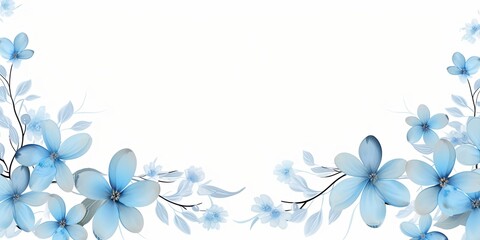 Fototapeta na wymiar Sky Blue thin barely noticeable flower frame with leaves isolated on white background pattern