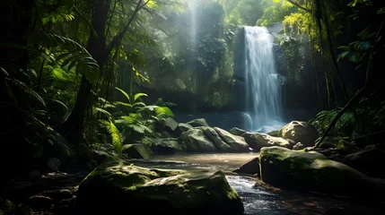 Outdoor kussens Panoramic view of beautiful waterfall in tropical rainforest. Nature background © Iman
