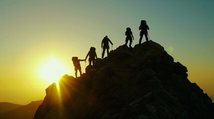 
teamwork assistance mutual thanks mountain top climb ,Silhouette of climbers who climbed to the top of the mountain thanks to mutual assistance and teamwork