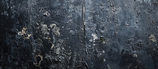 Fototapeta premium A detailed shot of a dark black wall covered in various spots, resembling a tire pattern. The texture gives off a freezing and industrial feel, with hints of metal and city grime