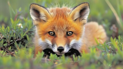 Fototapeta premium A fox in a melancholy pose, gazing into the lens from a grassy foreground