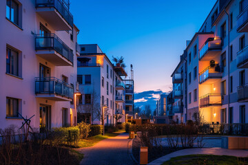 Side angle view of European apartment complex during blue hour, tranquil beauty against blue-toned sky. - obrazy, fototapety, plakaty