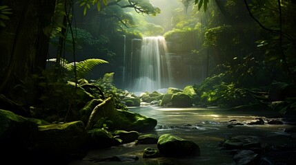 Beautiful summer forest landscape with a waterfall in the foreground. Panorama