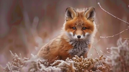  A close-up of a fox amidst a field of green grass and shrubs, blanketed by fresh snow