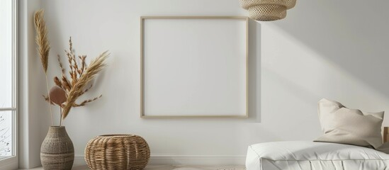Empty white picture frame mockup displayed on a white wall in a modern boho style interior, showcasing artwork for interior design.