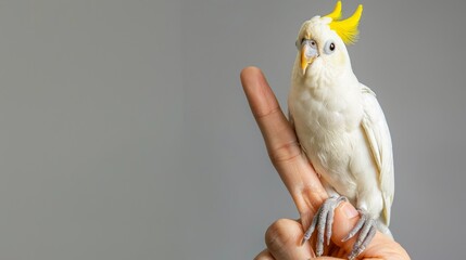  A person holding a white bird with a yellow crown and a ring on its finger