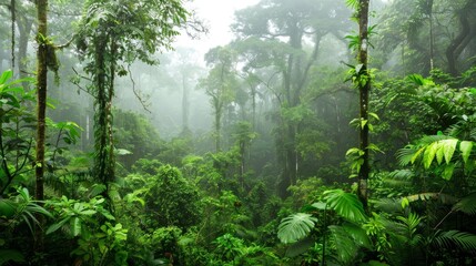 Fototapeta premium A dense, verdant woodland brimming with myriad flora amidst towering arboreal giants