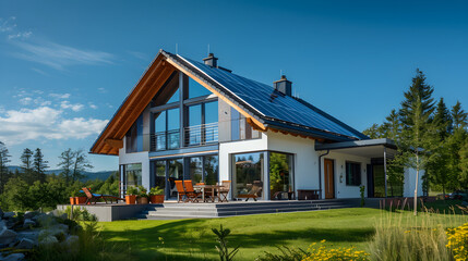 House with solar panels on the roof. Sustainable and clean energy at home