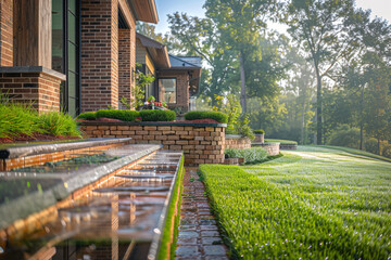 Sleek home exterior captured in morning mist, dew on green grass, brick, and stacked stone, amidst precise landscaping. The unique mint green color adds tranquility to the scene.
