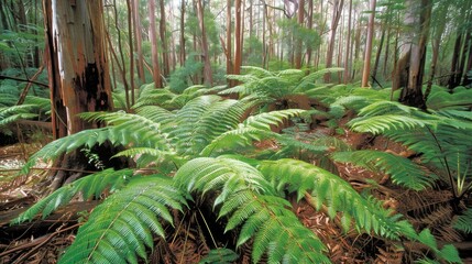  A dense forest brimming with verdant foliage and towering slender trees