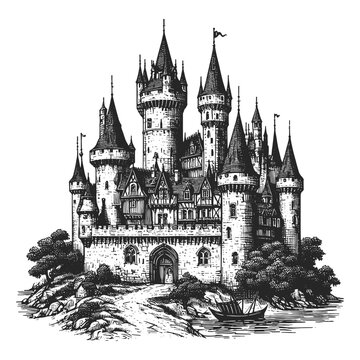 majestic medieval fantasy castle on rocky terrain sketch engraving generative ai fictional character vector illustration. Scratch board imitation. Black and white image.