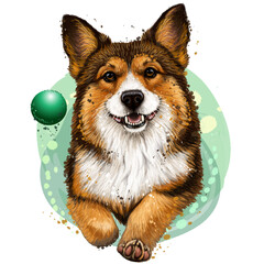A Pembroke Welsh Corgi dog. A color, watercolor image of a dog running after a ball.  - 770061606