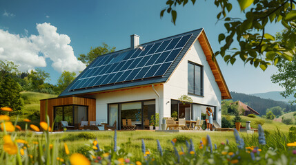 House with solar panels on the roof. Sustainable and clean energy at home