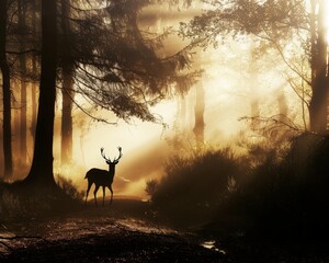 silhouette of a deer in the forest during morning hours