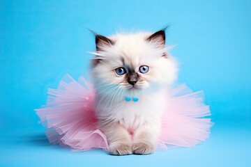 White kitten wearing a pink tutu skirt on plain background,