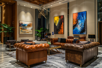 Sophisticated lobby of European apartment complex, art installations, designer furniture, warm...