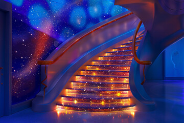 Space-themed foyer with galaxy-swirl staircase, steps lighting up like stars against cosmic-blue...