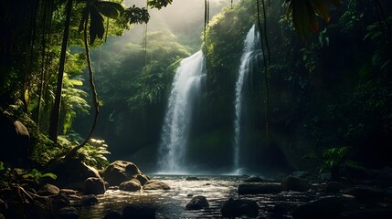 Beautiful waterfall in the rainforest of Borneo. Panorama