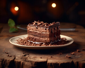 Piece of chocolate cake on a wooden background. Selective focus.
