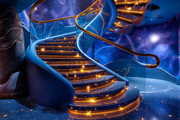 Space-themed foyer with galaxy-swirl staircase, steps lighting up like stars against cosmic-blue...