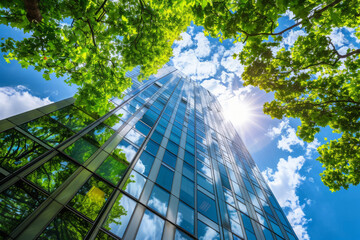 Towering contemporary office building and green tree in city against cloudy sky, Modern architecture exterior with glass windows.