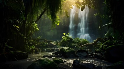 Beautiful waterfall in the jungle. Panoramic view of a waterfall in the jungle.