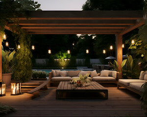 3d rendering of a beautiful terrace in the garden at night