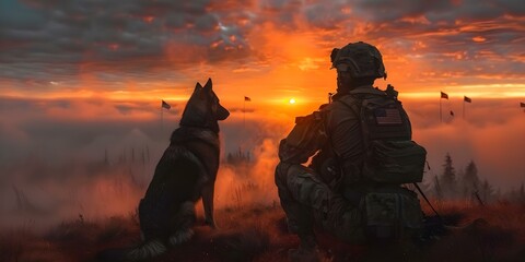 Guarded by a Soldier and a Working Dog on a Sunny Day with American Flags. Concept Military Event, Security Measures, Patriotic Setting, Sunny Day, American Flags