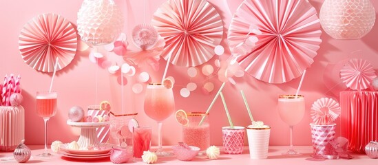 Girls party accessories are displayed against a pink backdrop, featuring themes like invitations, birthdays, bachelorette parties, and baby showers.