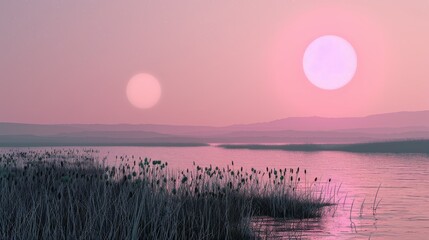  Sun settles over water, reeds in front, mountains behind - obrazy, fototapety, plakaty
