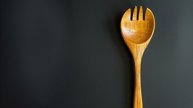 Minimalist Wooden Spork on Dark Background, Modern Kitchen Utensil Concept - Powered by Adobe