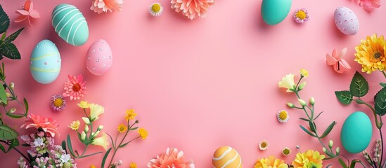 Top view Easter background featuring Easter eggs and spring flowers with empty space for text.