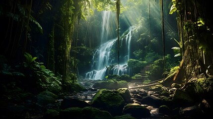 beautiful waterfall in the rainforest in the morning, panorama