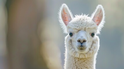 Fototapeta premium a llama's face, surrounded by blurred tree trunks