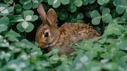 Naklejka na ściany i meble A petite bunny resting amidst foliage, surrounded by an array of verdant leaves