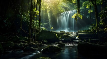 Panoramic view of beautiful waterfall in deep forest at sunrise.