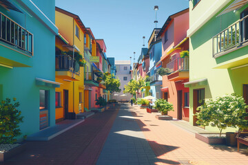 Fototapeta na wymiar Sunny mid-morning in a vibrant housing complex with colorful facades and playful shadows. /