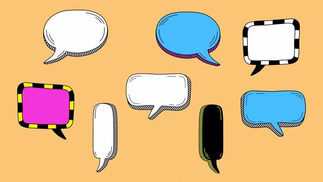 8 animated speech bubbles in cartoon comic style with alpha channel. Hand drawn outline animation. Space for text.