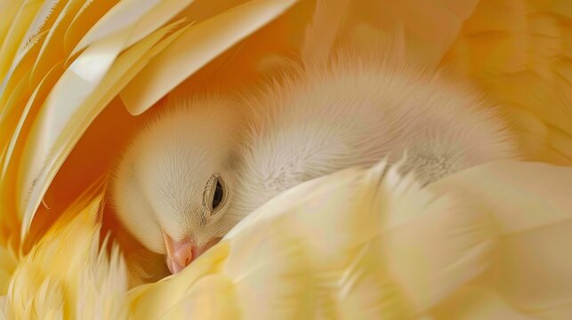  A detailed photo of an infant avian emerging from a sunny-colored cloth adorned with white plumage