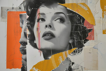 Retro pop art collage of woman with torn edges of paper. Female contemporary abstract poster