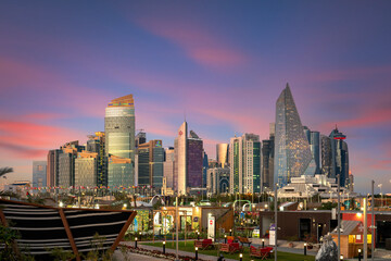 The Panoramic skyline of Doha, Qatar during sunrise