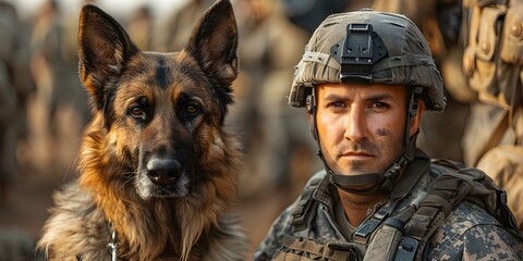 A soldier and a working dog stand guard on a sunny day with American flags in the background. Concept Military, Soldier, Working dog, American flags, Sunny day